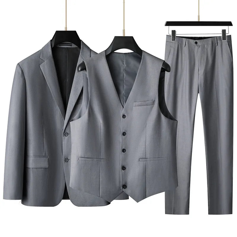 High-End Large Size Men's Three-Piece Suit Set - Business Formal Wedding Dress Coat Vest Trousers Combo for Plus Size Men