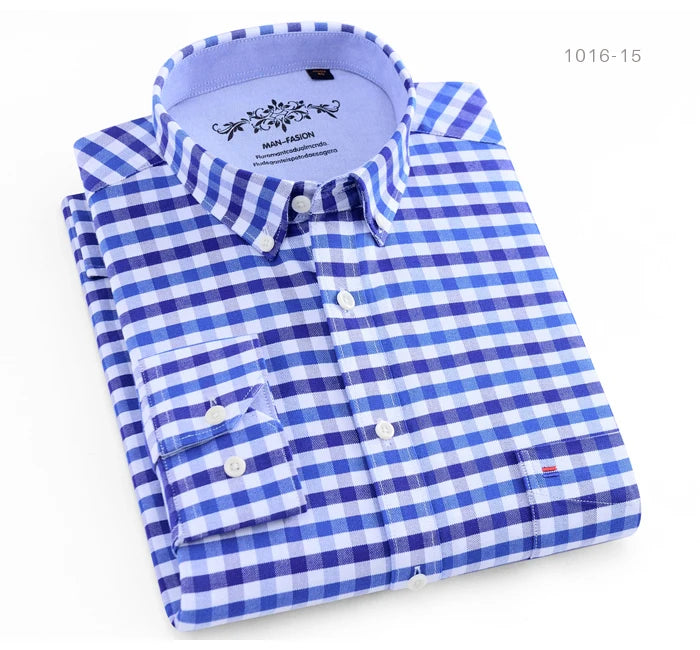 Cotton Oxford Shirt For Men Long Sleeve Plaid Striped Casual Shirts Male Pocket Regular-Fit Button-Down Work Man Dress Shirt