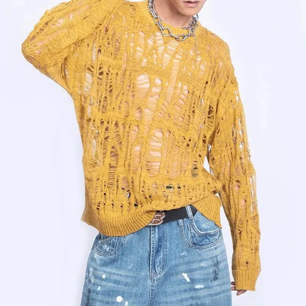 Men Sweater Harajuku Perspective Destructed Hollow Hold Pullover Tops Autumn Streetwear Fashion Trendy Daily Sweater Unisex 2024