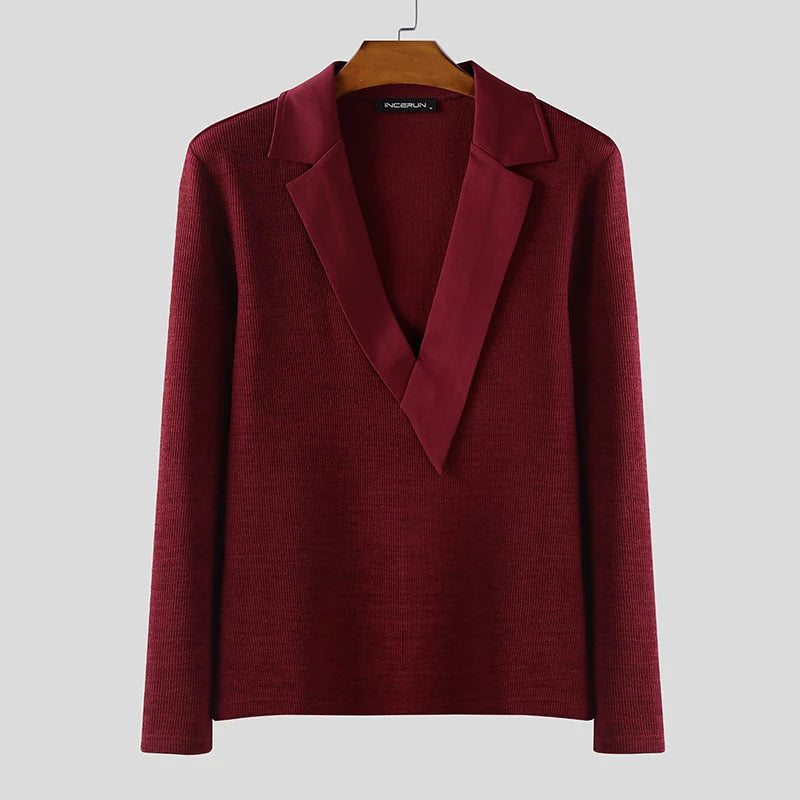 INCERUN Men Sweaters Patchwork Lapel Collar Long Sleeve Knitted Male Pullovers Streetwear 2025 Fashion Casual Men Clothing S-5XL