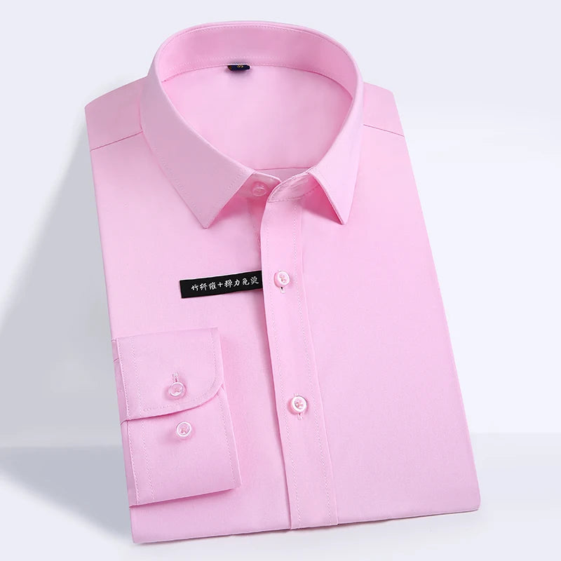 Men's Business Dress Shirts Bamboo Fiber Blend Long Sleeve Solid Color Work Shirt with Lapel Collar Regular Fit for All Seasons