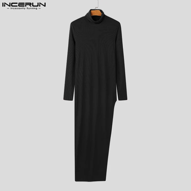INCERUN Tops 2024 American Style Fashion Men Solid Texture Sweaters Casual Streetwear Hot Sale High Neck Long Sleeved Pullovers