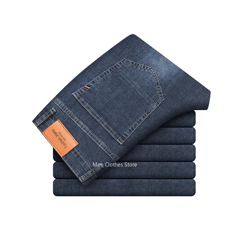 2026 Summer Thin Men's Cotton Jeans New Fashion Gray Elastic Straight Business Casual Pants Comfortable Brand Trousers