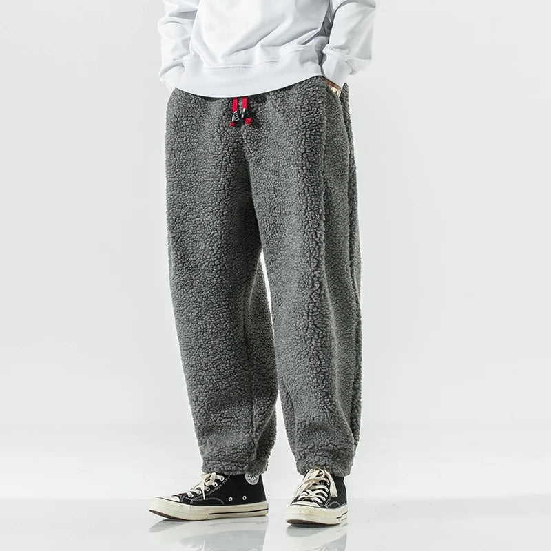 Winter Men's Lamb Wool Casual Pants Fleece Warm Elastic Waist Sweatpants Solid Thick Harem Pants Male Vintage Joggers Trousers