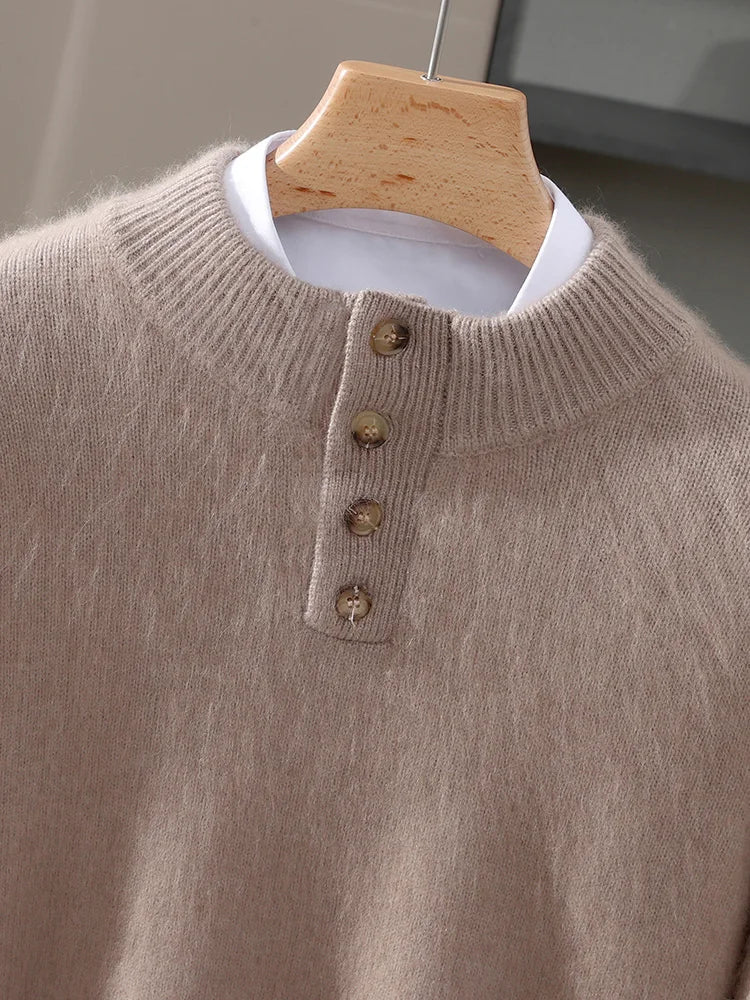 Men 100% Mink Cashmere Sweater Mock Collar Pullover with Button Autumn Winter Thicken Knitwear Smart Casual Skin Kindly Clothing