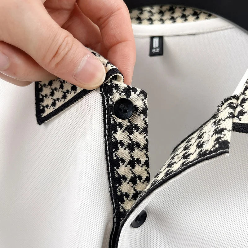 Men Contrast Collar Polo Shirt Short Sleeve Houndstooth Trim Casual Summer Top Breathable Pique Tee Regular Fit Fashion Shirt