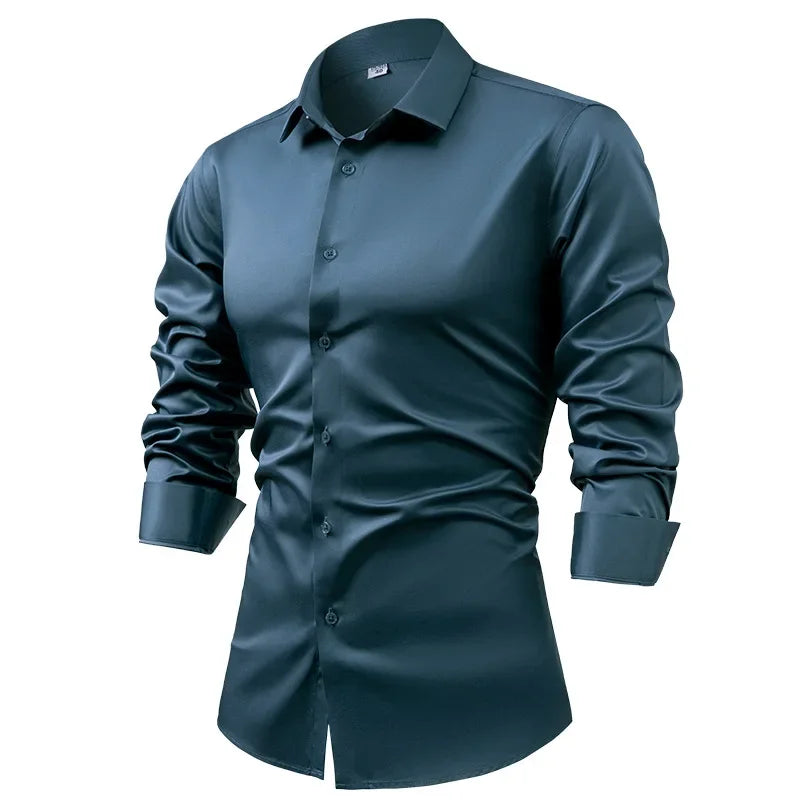 2025 Spring Autumn Royal Blue Silk Satin Long-sleeved Dress Shirts for Men, Navy Blue Business Casual Non-iron Wrinkle Camisas