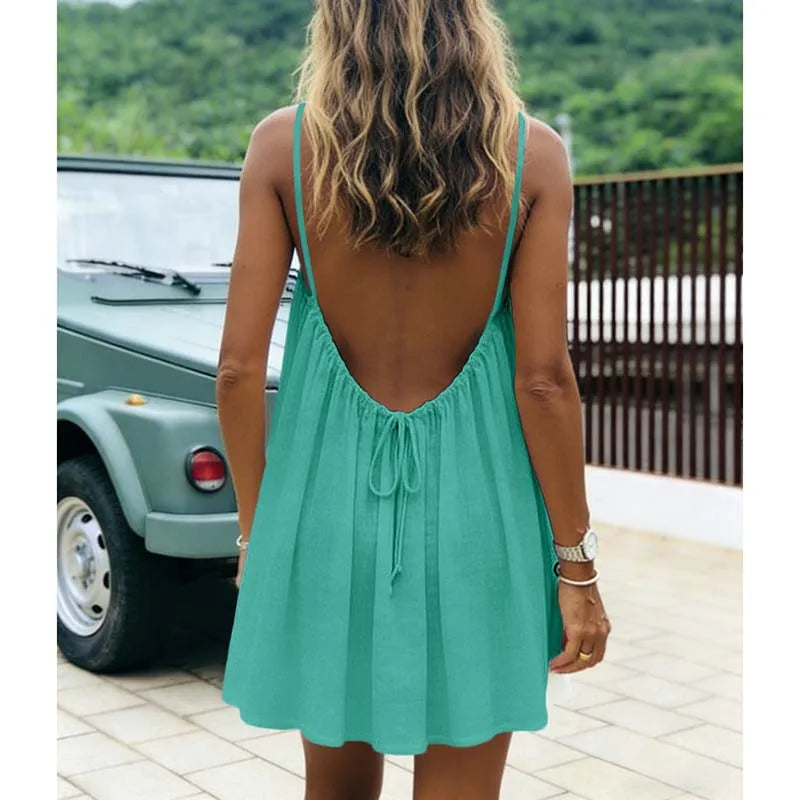 Women's Dress 2026 Summer Arrival Solid Color Fine Strap Flowing A-Line Skirt Casual Vacation Style with Elegant Backless Design