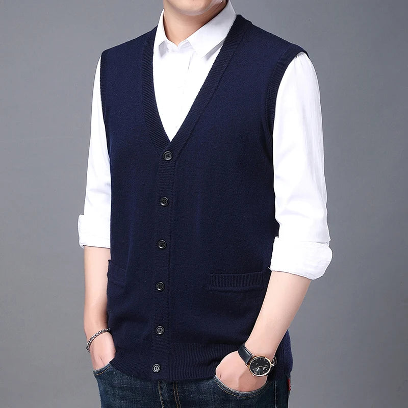 2026 High Quality New Autum Winter Fashion Brand V Neck Knit Korean Vest Christmas Sweater Men Woolen Casual Mens Clothes