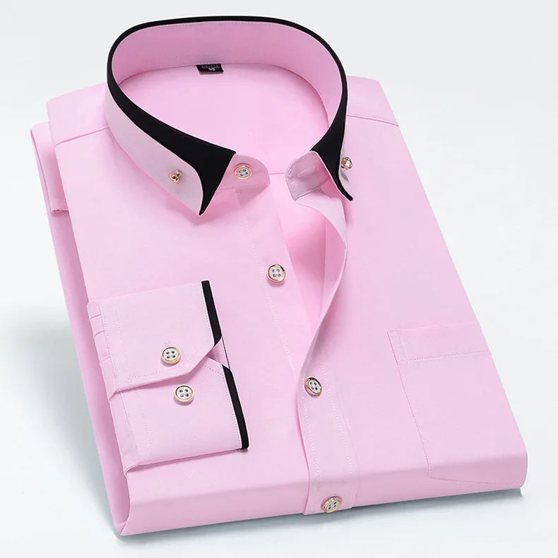 2026 Men's Long Sleeve Business Dress Shirts Solid Formal Button-Down Social Collar Camisa Elastic Anti-wrinkle Casual Men Shirt