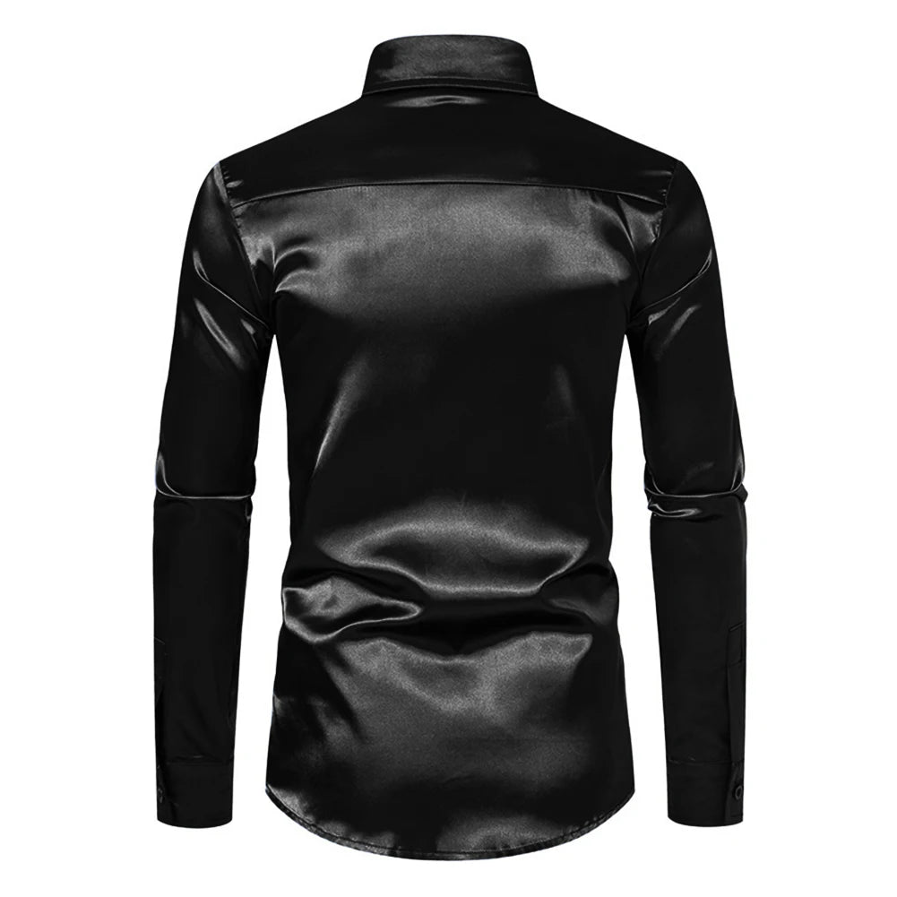 Men's Casual Satin Silk Shirts Single Breasted Button Lapel Collar Dress Shirt Slim Fit Fashion Party Long Sleeve Tops Clothing