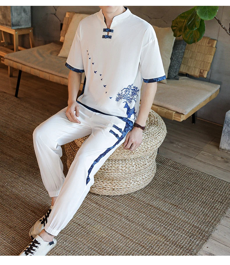Shirts + Pants summer Cotton linen shorts sleeve shirts Men's Casual Sets Male Fashion trousers and shirts men size M-4XL TZ020