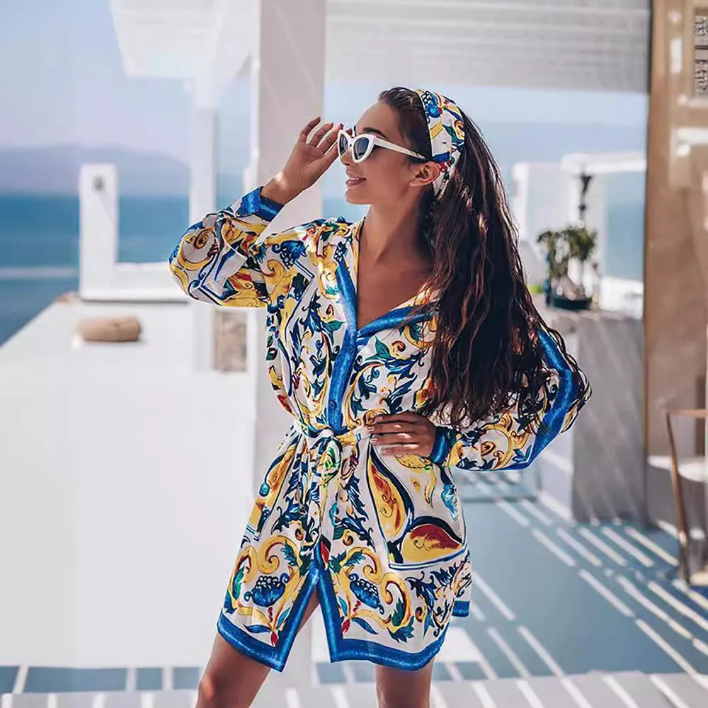 Spring Summer New Dresses For Women With Bohemian Style Positioning Printed Lace Up Long Sleeved Shirts Jumpsuits  Short Skirts