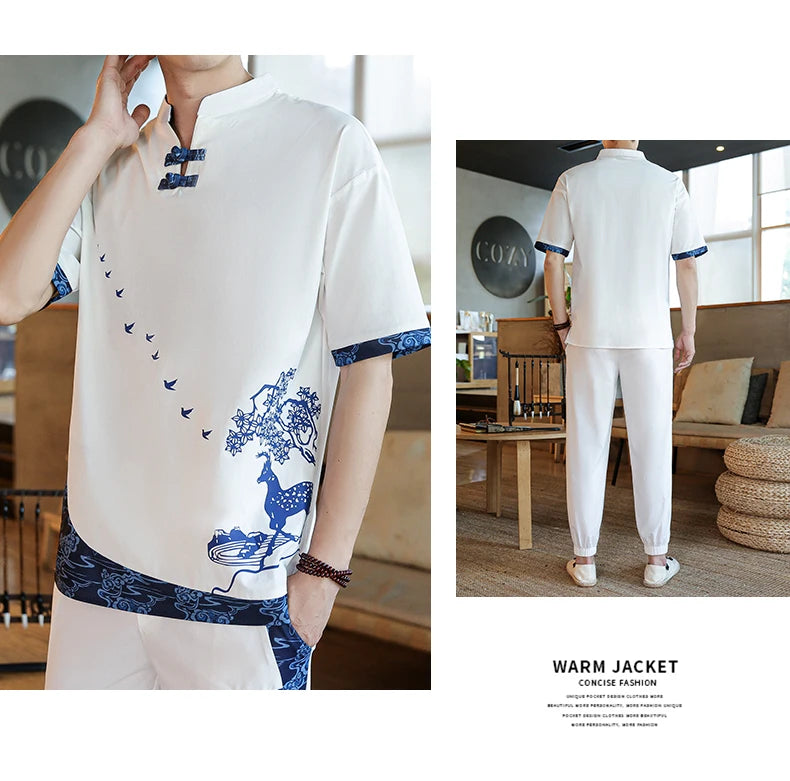 Shirts + Pants summer Cotton linen shorts sleeve shirts Men's Casual Sets Male Fashion trousers and shirts men size M-4XL TZ020