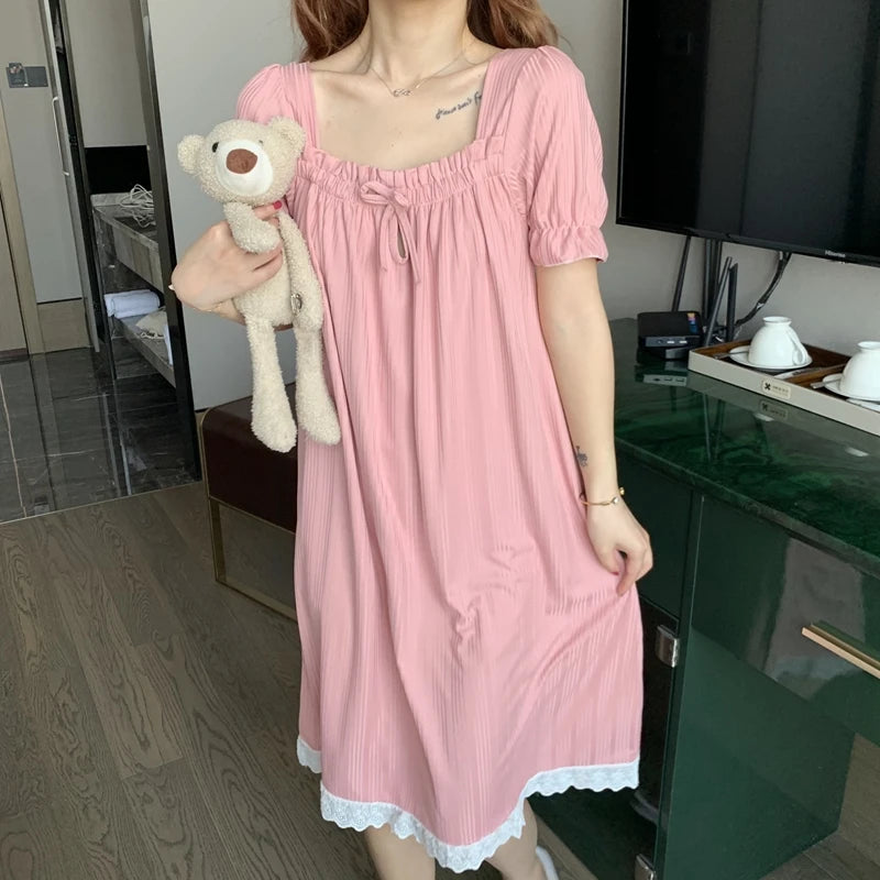 Summer Sleepwear Dress Women's 2025 New Floral Princess Style Short Sleeve High End Feeling Home Clothes Sleep Dress Summer
