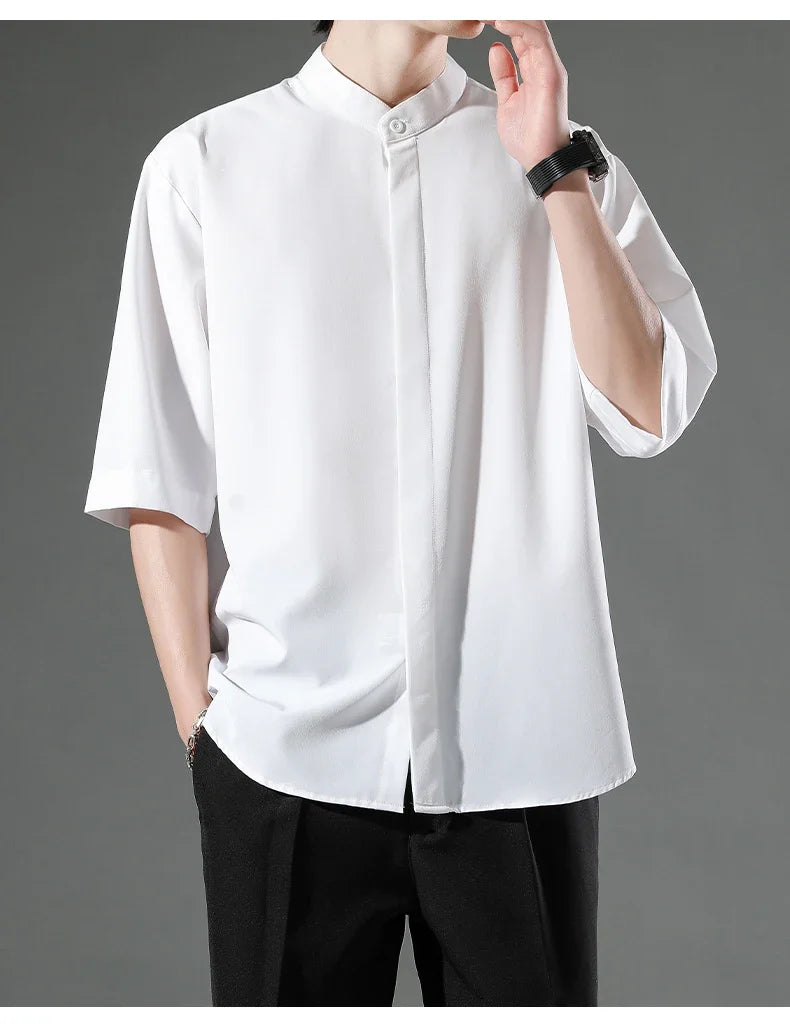 Summer Thin Short-sleeved Shirts Men Japanese Style Loose Stretch Business Casual Shirts Male No-iron Stand Collar Formal Tops