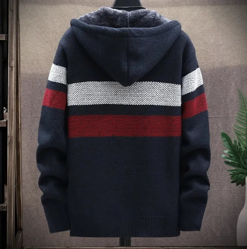 Customizable Striped Mens Sweater Coat Thick Fleece Warm Zipper Wool Hooded Cardigan Jumpers Men Long Sleeve Knitted Sweaters