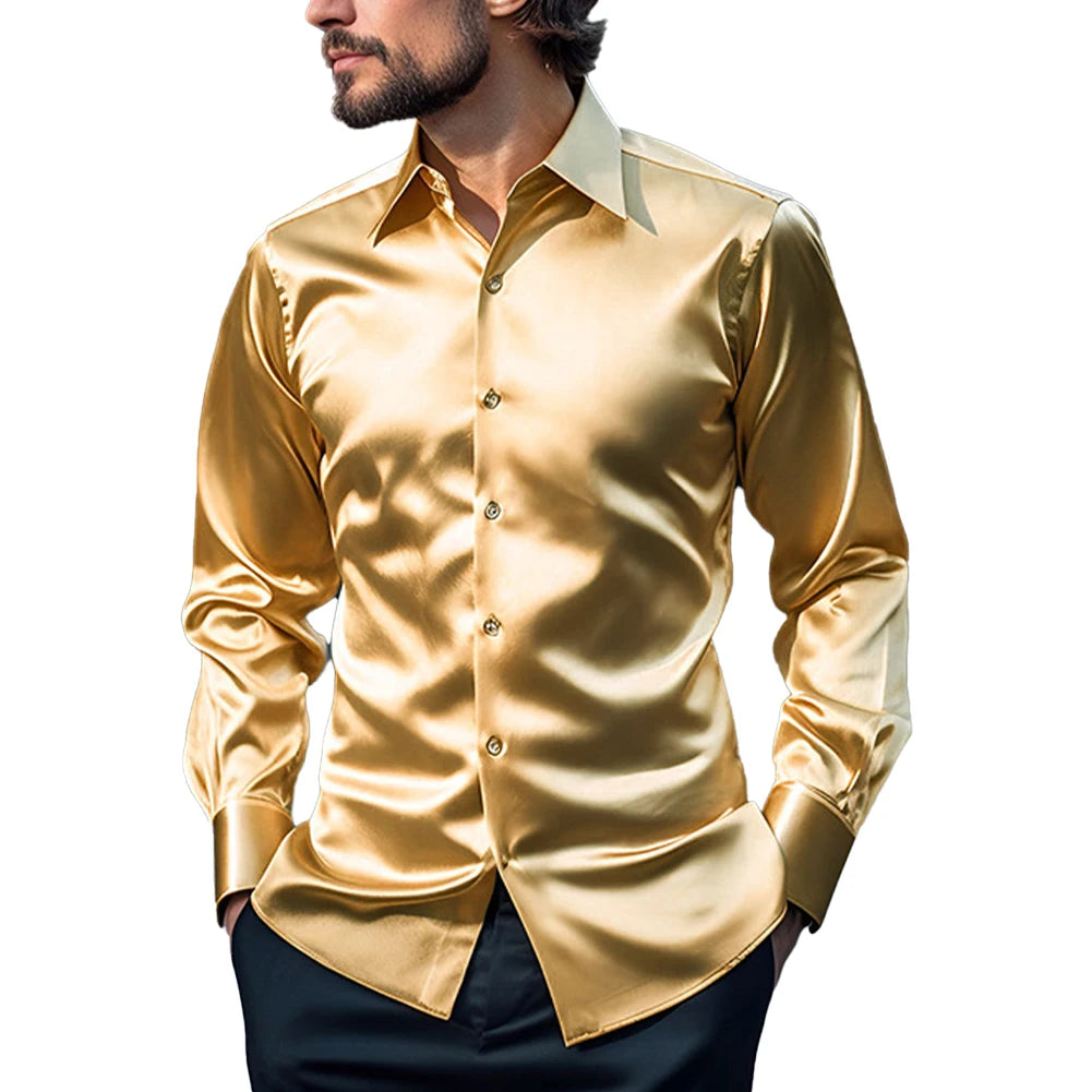 Men's Casual Satin Silk Shirts Single Breasted Button Lapel Collar Dress Shirt Slim Fit Fashion Party Long Sleeve Tops Clothing