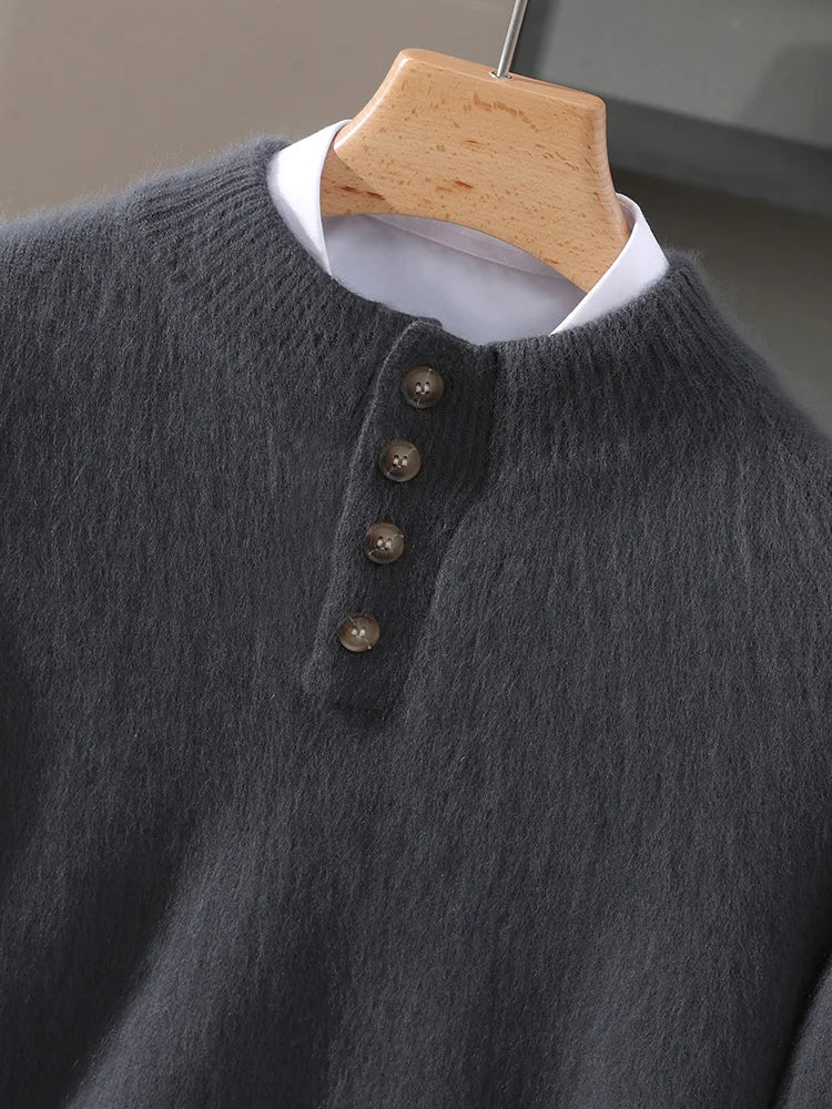 Men 100% Mink Cashmere Sweater Mock Collar Pullover with Button Autumn Winter Thicken Knitwear Smart Casual Skin Kindly Clothing