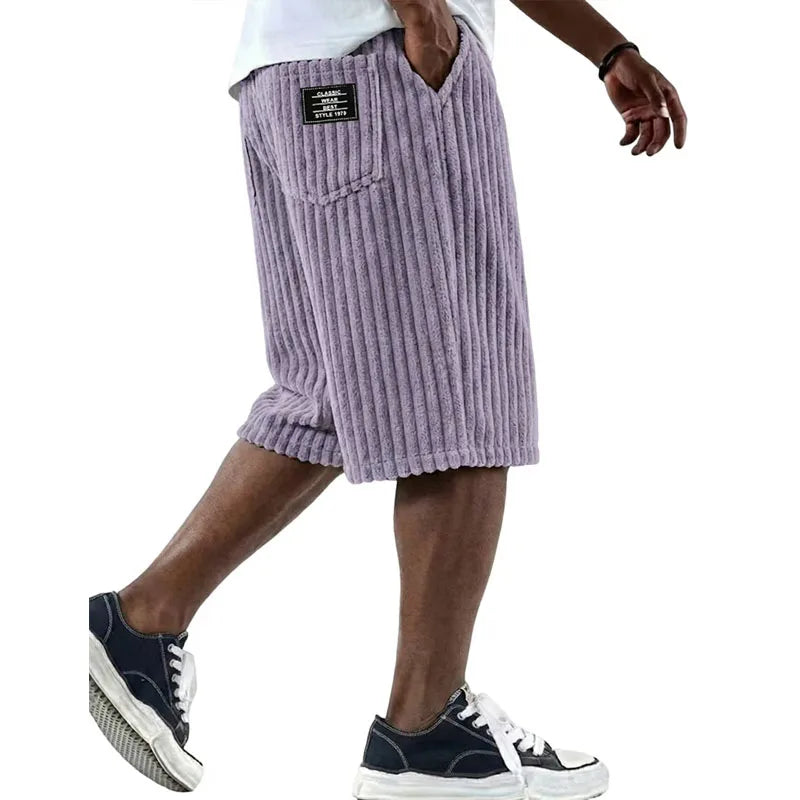 2026 Summer Casual Mens Corduroy Shorts Solid Bottoms Vintage Striped Textured Pants Men Daily Leisure Loose Straight Short