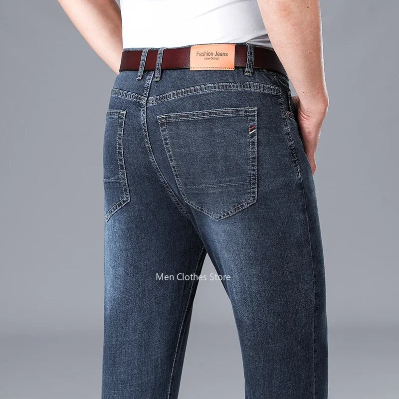 2026 Summer Thin Men's Cotton Jeans New Fashion Gray Elastic Straight Business Casual Pants Comfortable Brand Trousers
