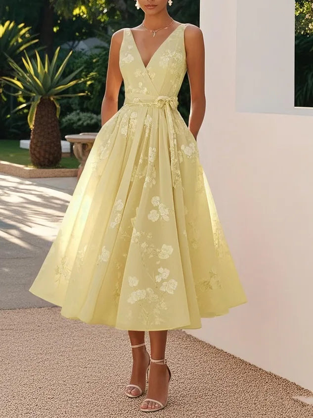 2026 Women's Dress Banquet Evening Dress Sleeveless Vest V-Neck Printed Dress
