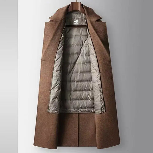 2025 Autumn/Winter New Men's 100% Wool Coat Knee length Double breasted Goose Down Inner Tank Thickened for Warmth