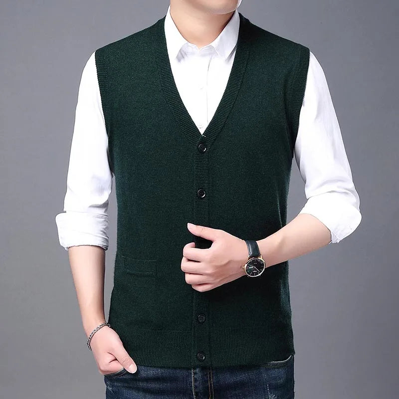 2026 High Quality New Autum Winter Fashion Brand V Neck Knit Korean Vest Christmas Sweater Men Woolen Casual Mens Clothes