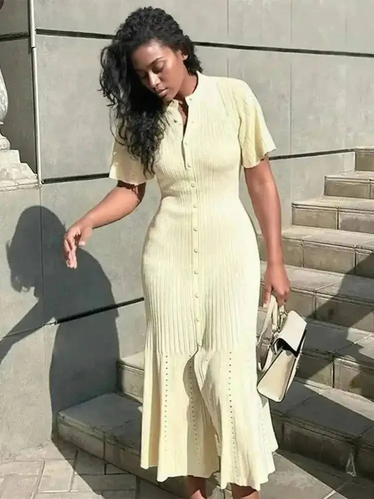 Elegant Knit Dress For Women White Slim O-neck Single Breasted Short Sleeve Long Dresses Female Spring Fashion Lady Robe T88X