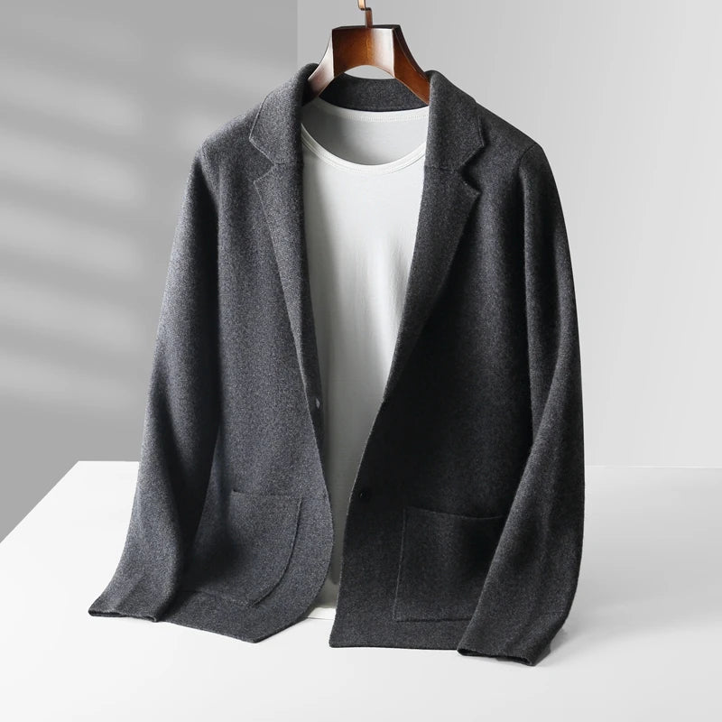 100% Pure Wool Cardigan Men's Spring And Autumn High-End Outerwear Sweater Casual Small Suit Jacket Olive Collar Sweater