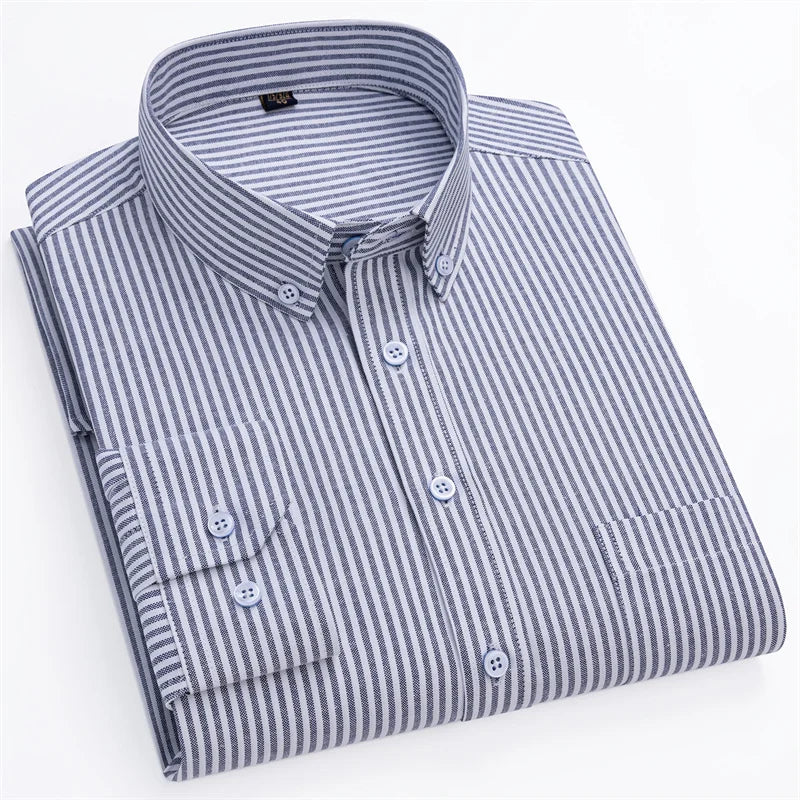 New Fashion Men's Oxford Shirts Long Sleeves Cotton Stripe Thin Soft Regular Fit Formal Shirt Pocket Social Blouse Male Clothing