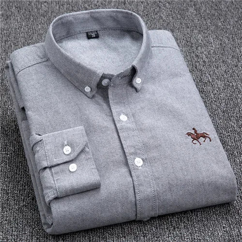 Cotton Oxford Shirt For Men Long Sleeve Plaid Striped Casual Shirts Male Pocket Regular-Fit Button-Down Work Man Dress Shirt