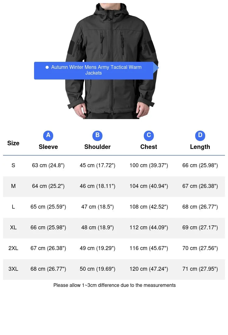 Autumn Winter Mens Army Tactical Jackets Men Softshell Warm Waterproof Action Jacket Men Mountain Ski Windbreaker Hooded Coats