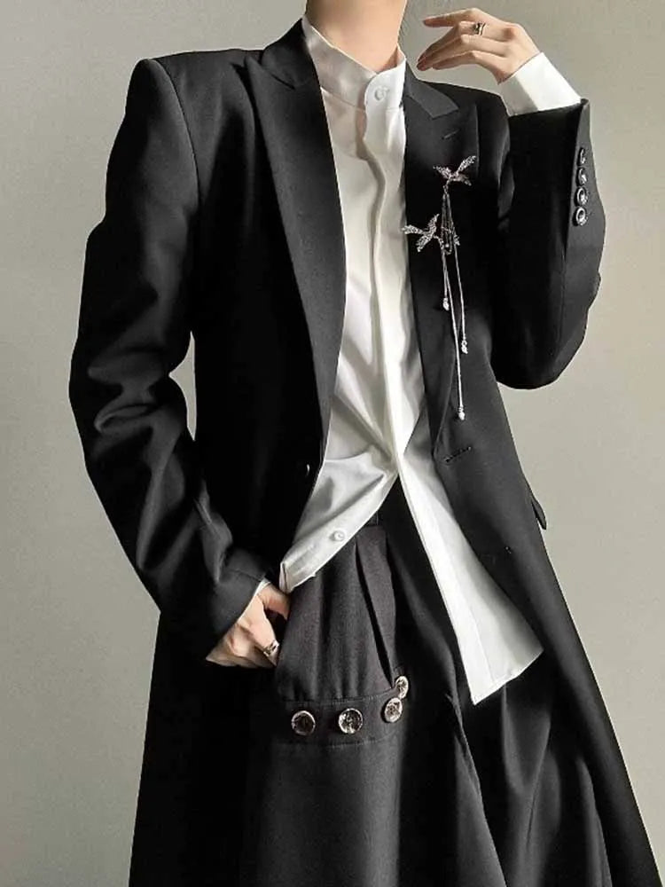 American Retro Men's Long Blazer Fashion High Street Dark Gothic Suit Jacket Spring Autumn Casual Black Simple Male Coat