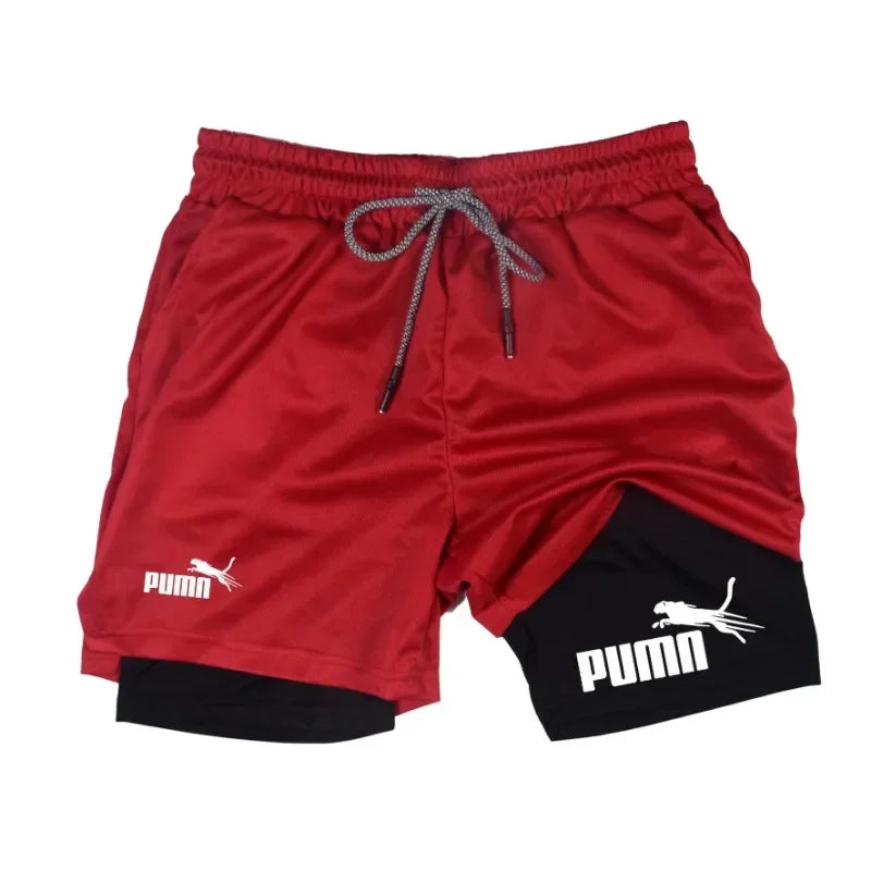 Men's Quick Dry Breathable 2-in-1 Double Layer Sports Shorts, Elastic Compression Liner Athletic Shorts