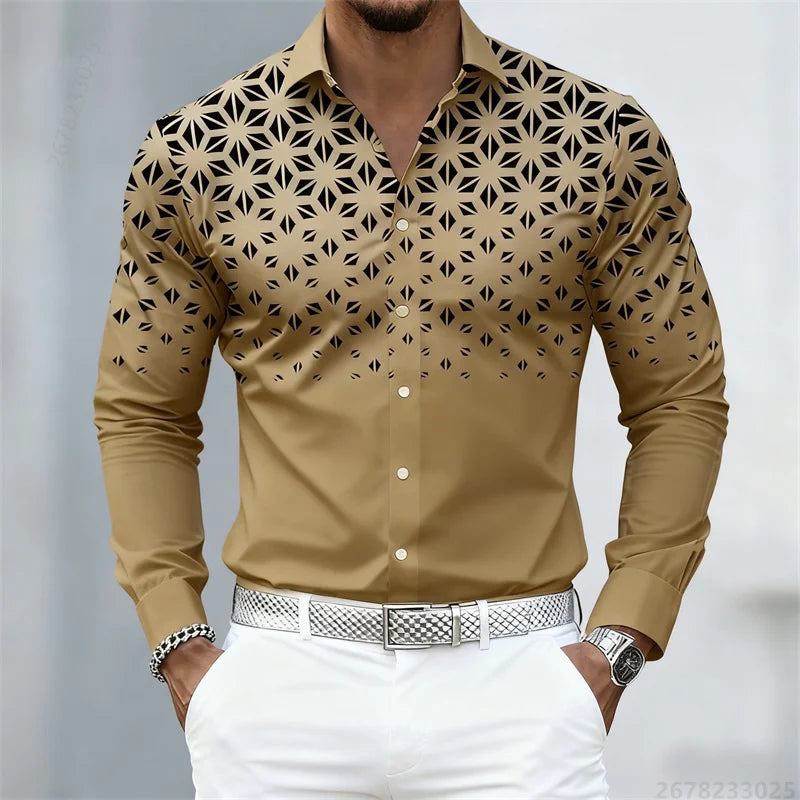 17 Colors of Men's Shirts, Fashionable Geometric Pattern Print Long Sleeve Shirts, Personalized Trendy Slim Lapel Casual Shirts