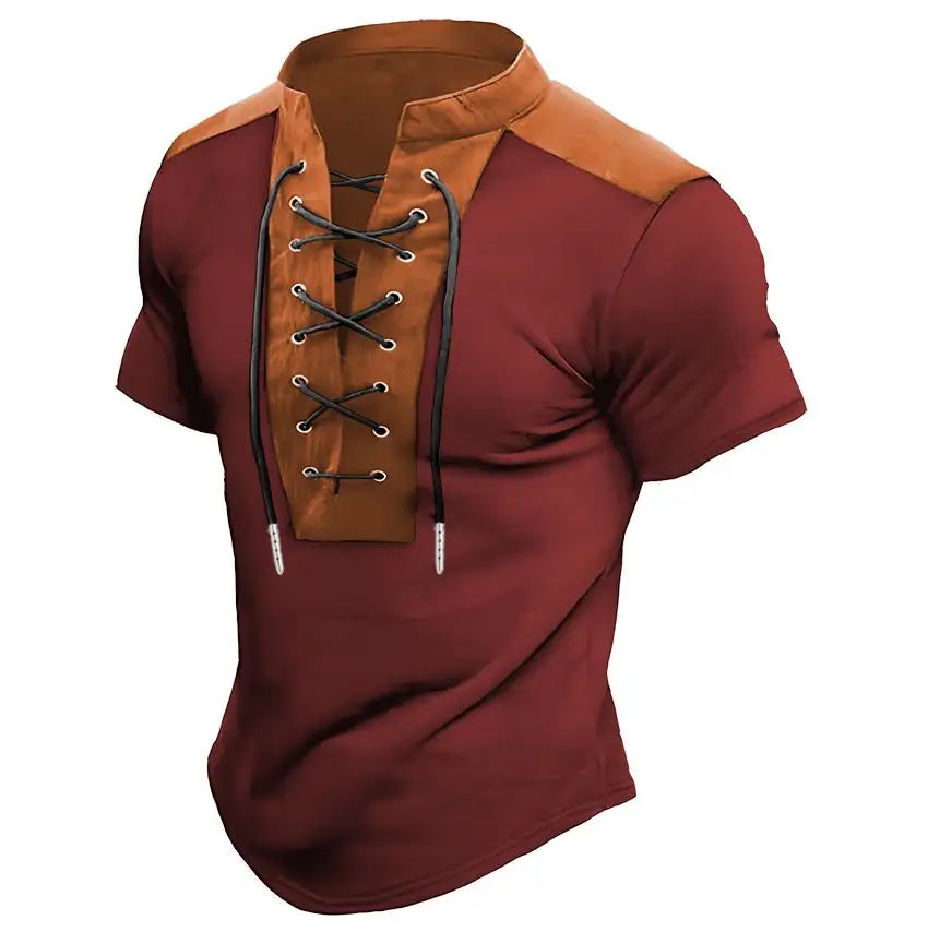 Men's V-neck Casual Beach Short Sleeved Color Matching Men's Top T-shirt Retro Streetwear