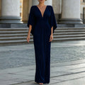 Elegant Evening Party Dress For Woman Simple Solid Color Deep V-neck High Waisted Vestidos Fashion Batwing Sleeve Long Dresses