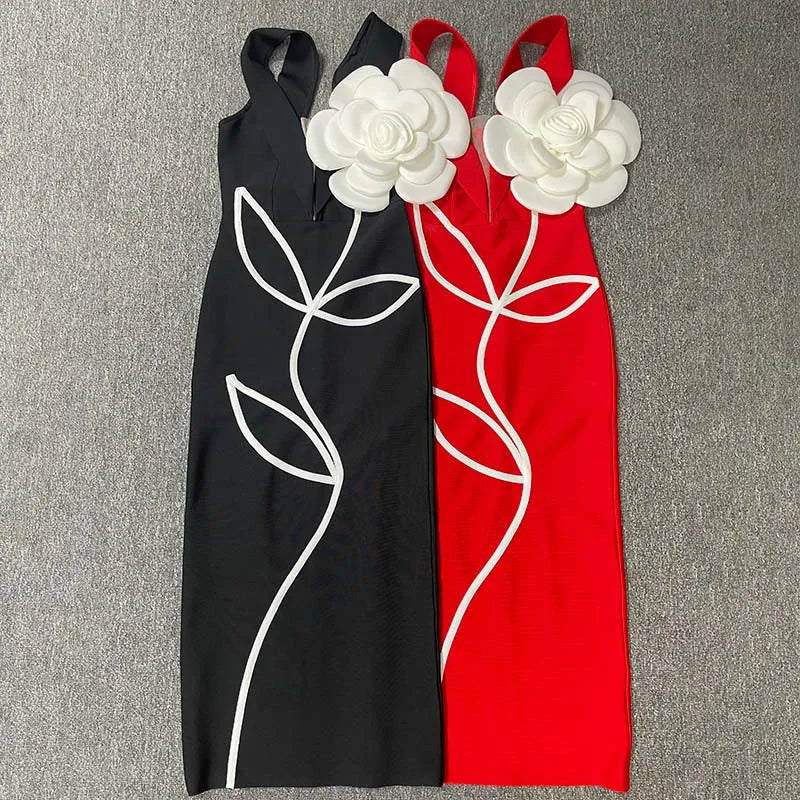 Women's Evening Dresses Sexy Strapless Tie White Flowers Bodycon Bandage Long Dresses Elegant Party Birthday Dresses