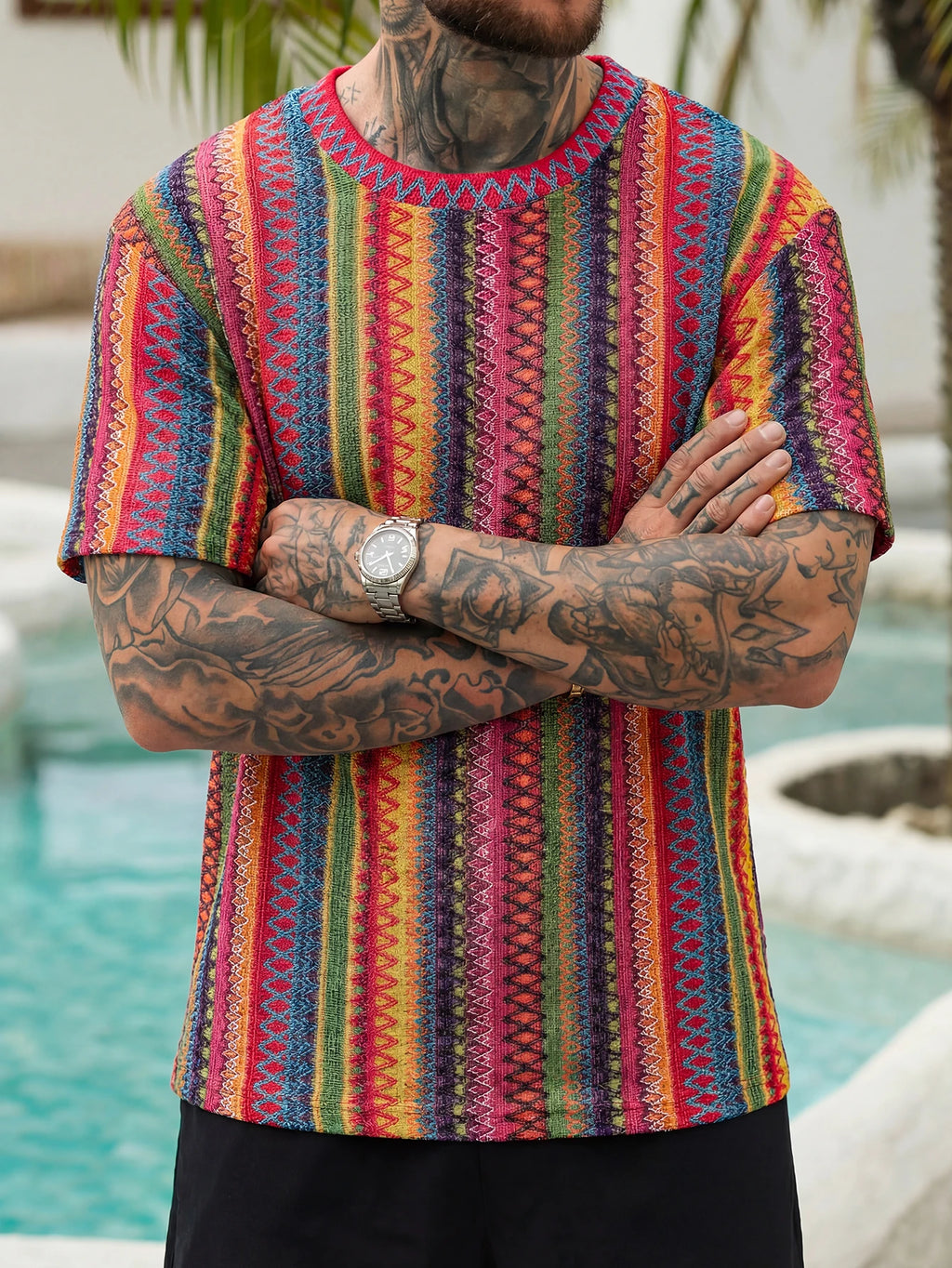Summer Men's Bohemian Ethnic Jacquard Short-Sleeve T-Shirts, Breathable Knitted Short-Sleeve Shirts for Vacation