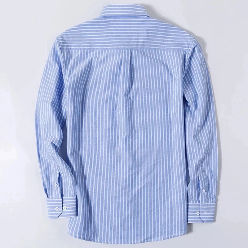 Cotton Oxford Shirt For Men Long Sleeve Plaid Striped Casual Shirts Male Pocket Regular-Fit Button-Down Work Man Dress Shirt