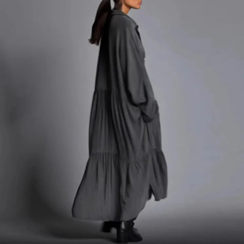 Women's Casual Dresses New Vintage Solid Loose Pleated Bohemian Long Dress 2026 Spring Long Sleeve Button Lapel Shirt Maxi Dress