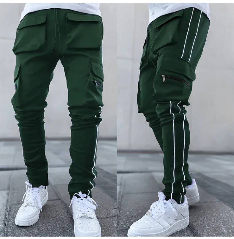 Summer Men's Jogging Sports Pants Multi-Pocket Sweatpants Running Trousers Men's Casual Joggers Cargo Reflective Hip Pop Pants