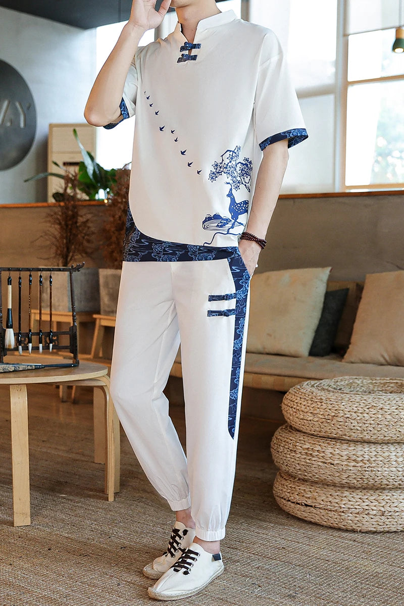 Shirts + Pants summer Cotton linen shorts sleeve shirts Men's Casual Sets Male Fashion trousers and shirts men size M-4XL TZ020