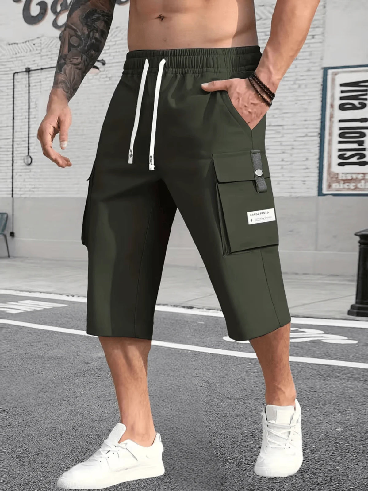 Men's Spring Summer Autumn Three Seasons Seven Inch Work Trousers with Large Capacity Pockets Fashionable Casual