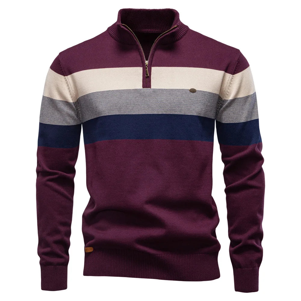 Fashion Autumn Winter Men's Half Zipper Stand Collar Striped Color-coded Casual Trendy Knitted Pullovers Male Sweaters Clothes