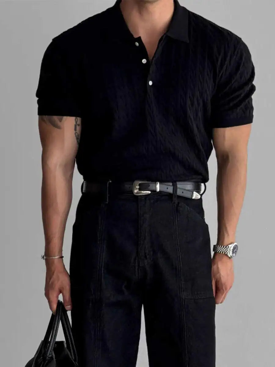 American Style Hard Man Knitted  Shirt Muscle Men Slim Fit Elastic Short Sleeve Turn-down Collar Sweatshirt Tight Sleeve ...