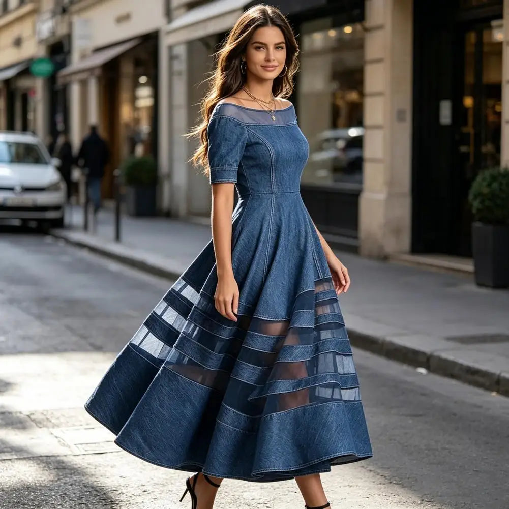 Women's Denim Dress Trendy Off Shoulder Dress Mesh Patchwork Short Sleeve A-line Swing Dress Summer Travel Vacation Long Dresses