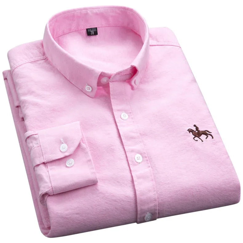 Cotton Oxford Shirt For Men Long Sleeve Plaid Striped Casual Shirts Male Pocket Regular-Fit Button-Down Work Man Dress Shirt