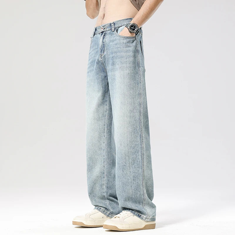 Autumn Casual Men's Straight Jeans Fashion Loose Vintage Elastic Waist Trousers Light Blue Personality Wide Pants Denim Male